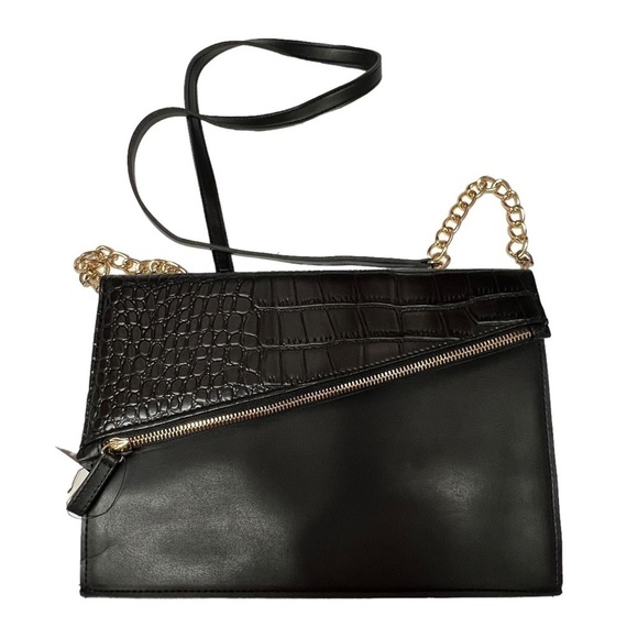 Faux Leather Crocodile Pattern Black Envelope Zip Crossbody Purse - Picture 1 of 10
